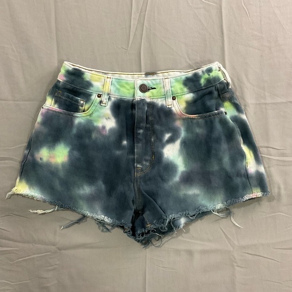 PacSun Shorts Womens 24 High Rise Festival Tie Dye Denim Blue Green Cut Offs - Picture 10 of 10